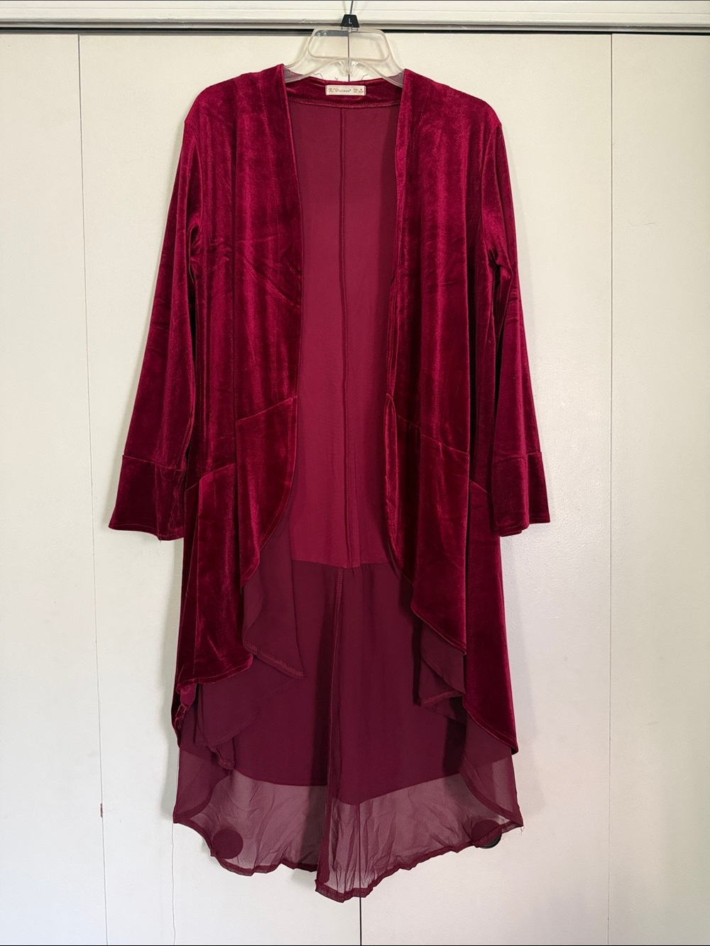 Velvet Chiffon Open-Front Camisole Duster - Burgundy